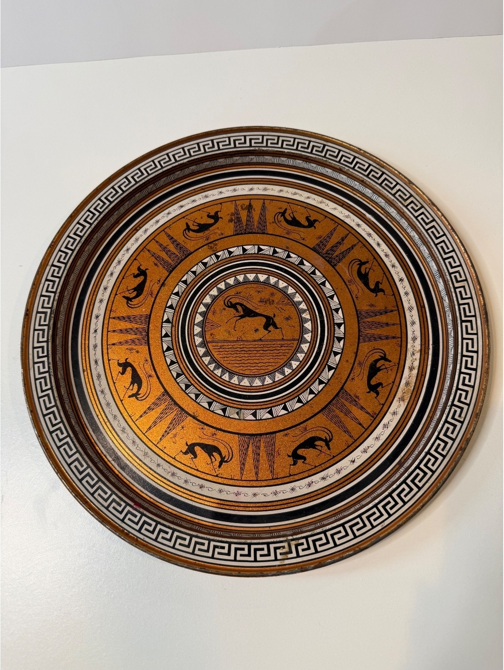 Grecian Etruscan Style Decorative Metal Tray 11.5” Greek Key Copper Tone